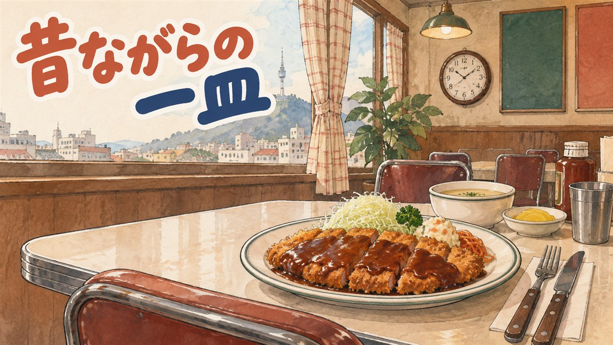 韓国のとんかつ屋の店先に大きなとんかつの皿が並ぶ様子