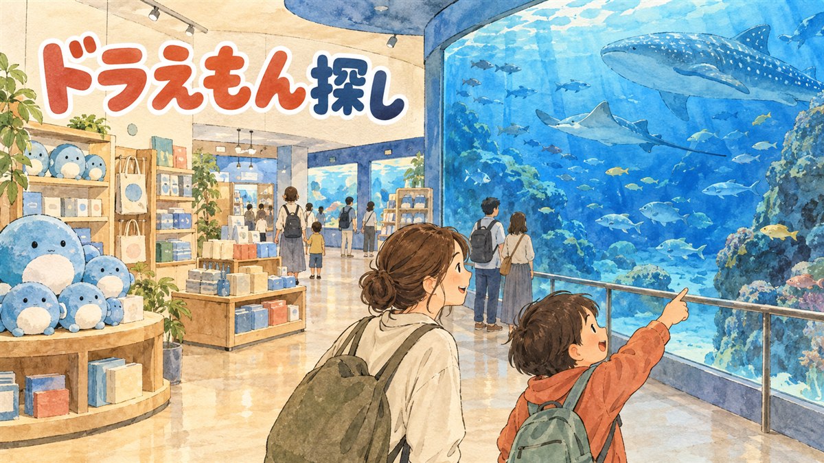 ドラえもんのグッズを韓国の水族館コラボ会場で選んでいる旅行者の情景