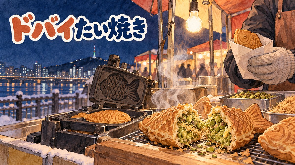 新大久保の店先に並ぶ、湯気の立つドバイチョコたい焼きのイメージ