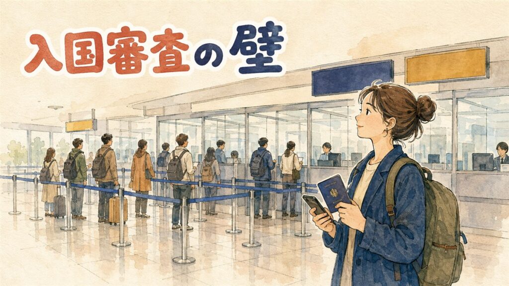 仁川国際空港の入国審査カウンターでパスポートを手に順番を待つ旅行者たち