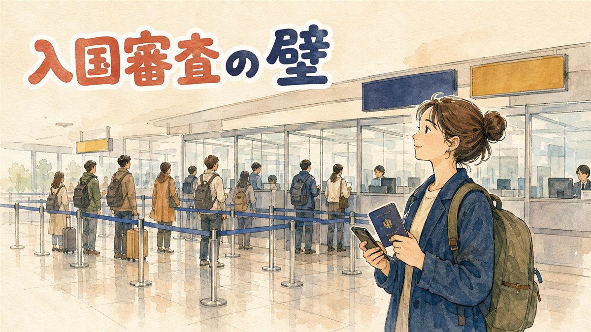 仁川国際空港の入国審査カウンターでパスポートを手に順番を待つ旅行者たち