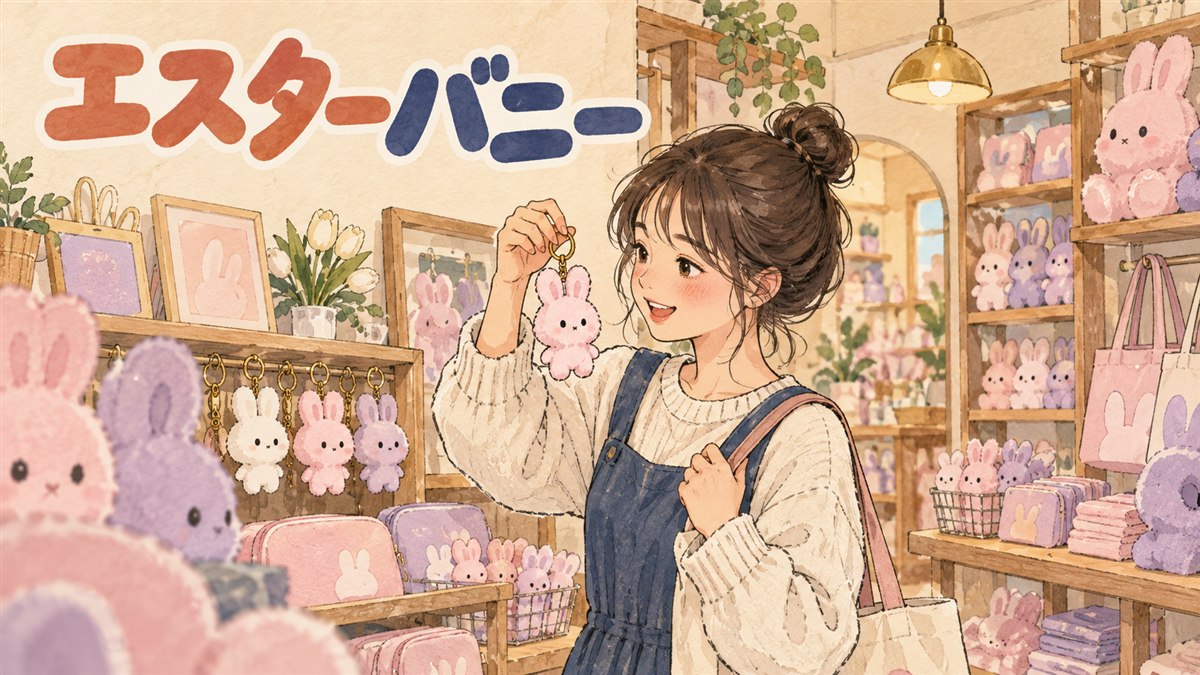 韓国のオンラインストアの棚に並ぶリボンをつけた白いうさぎのキャラクターグッズのイメージ