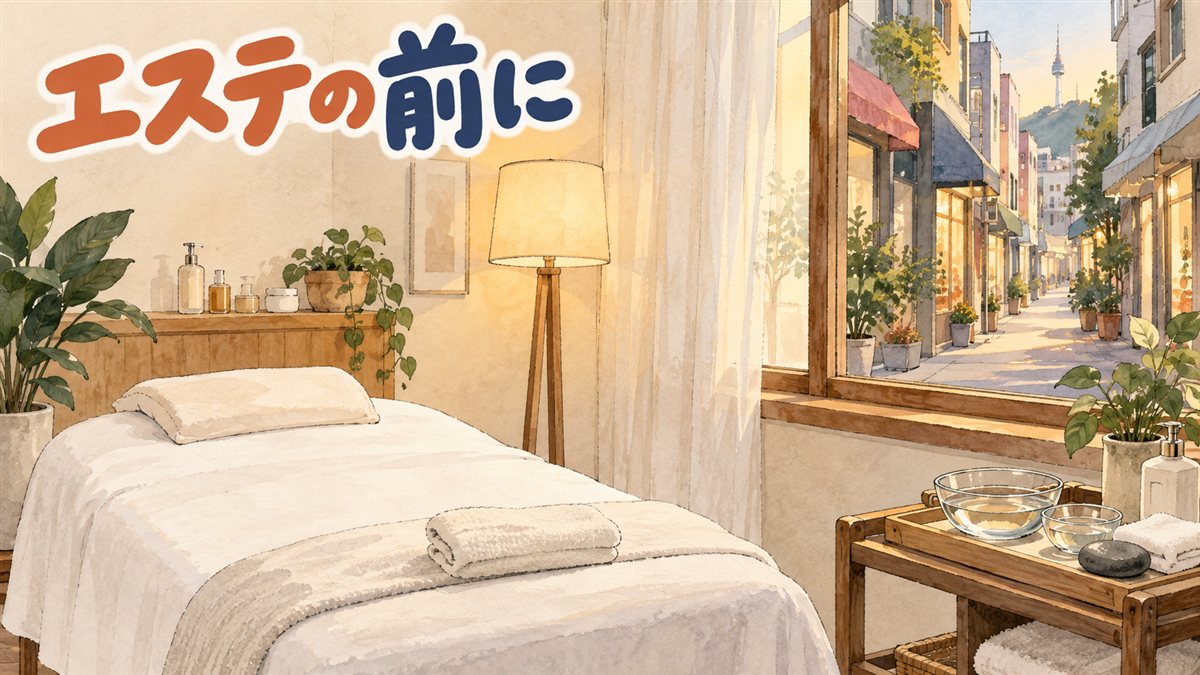 明洞の小さなフェイシャルケアの部屋を描いた水彩イラスト。白いタオルを敷いた施術用ベッド、ガラスの器と石を載せた木のワゴン、灯ったフロアランプ。窓の外には日よけの並ぶ商店街と南山タワー。左上に「エステの前に」の手書き文字