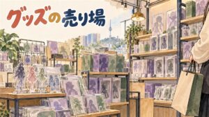 ソウルのアニメグッズ専門店の店内でエヴァンゲリオン関連グッズが棚に並んでいる様子