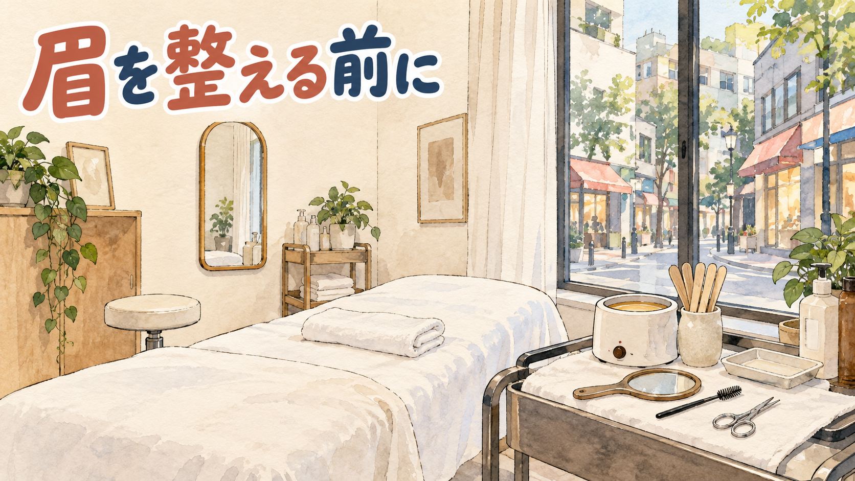 弘大の眉毛ワックスの施術室を描いた水彩イラスト。白いタオルを敷いたベッド、ワゴンの上にワックスを温める小さなポット、木のへらを立てたカップ、手鏡・眉用のブラシとハサミ。窓の外は日よけの並ぶ明るい通り。左上に「眉を整える前に」の手書き文字