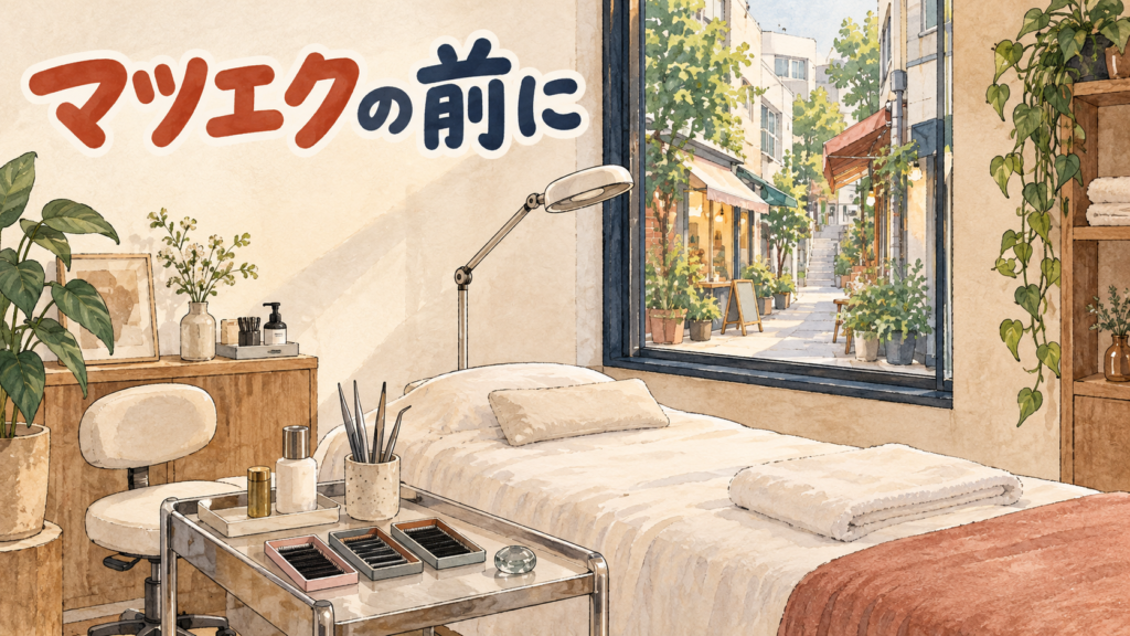 弘大のまつ毛エクステのサロンを描いた水彩イラスト。白いタオルを敷いた施術用ベッド、ピンセットとまつ毛の見本トレーを載せたワゴン、消したスタンドライト、窓の外には緑と小さな店が並ぶ路地。左上に「マツエクの前に」の手書き文字
