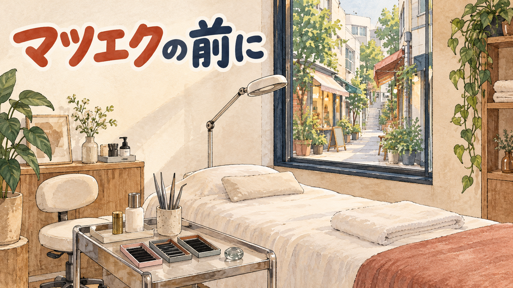 弘大のまつ毛エクステのサロンを描いた水彩イラスト。白いタオルを敷いた施術用ベッド、ピンセットとまつ毛の見本トレーを載せたワゴン、消したスタンドライト、窓の外には緑と小さな店が並ぶ路地。左上に「マツエクの前に」の手書き文字