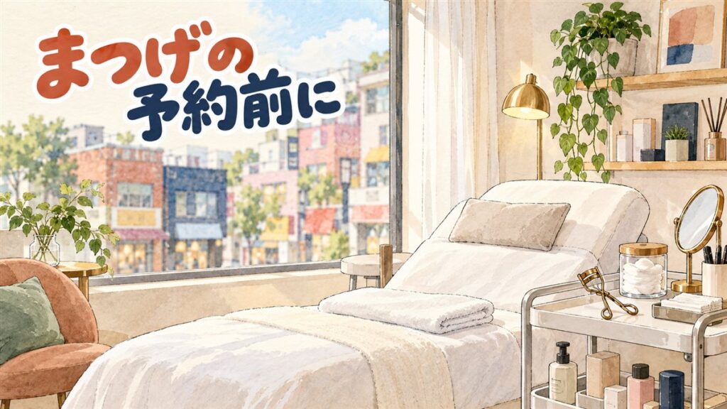 ソウル・弘大の小さな美容サロンの一角を描いた水彩イラスト。白いリクライニングベッドにたたんだタオルと枕、横のワゴンにビューラーとコットンの入ったガラス瓶、手鏡。窓の外にはカラフルな低い建物の商店街。左上に「まつげの予約前に」の手書き文字