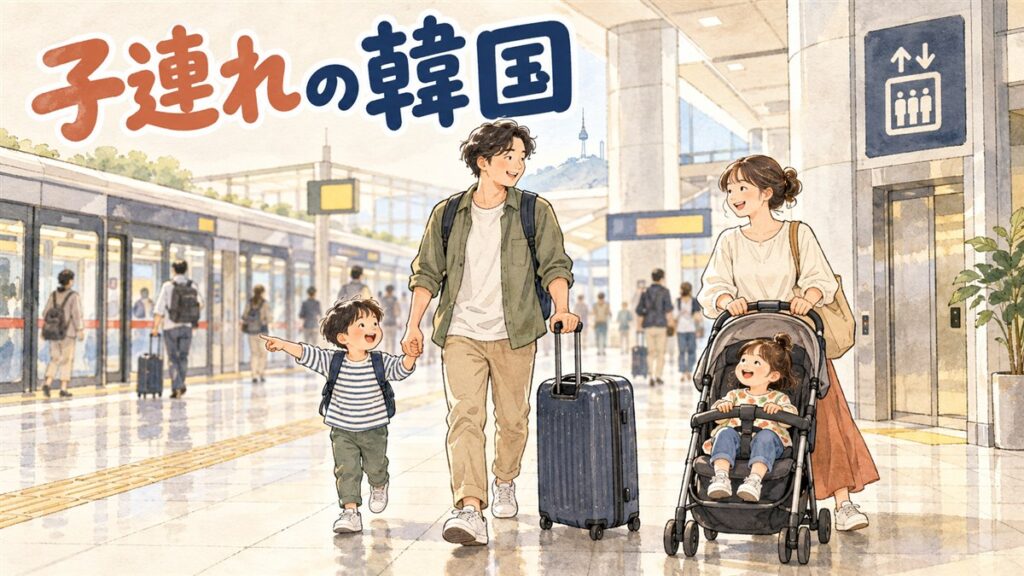 韓国の地下鉄駅でベビーカーを押す家族がエレベーターの案内表示を見上げている様子