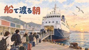 博多港の国際フェリーターミナルでスーツケースを引いて韓国行きのフェリーへ向かう旅行者たち