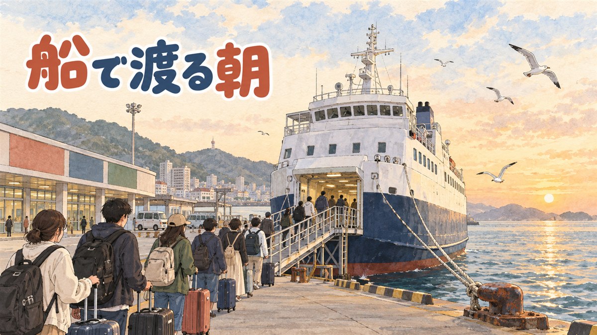 博多港の国際フェリーターミナルでスーツケースを引いて韓国行きのフェリーへ向かう旅行者たち
