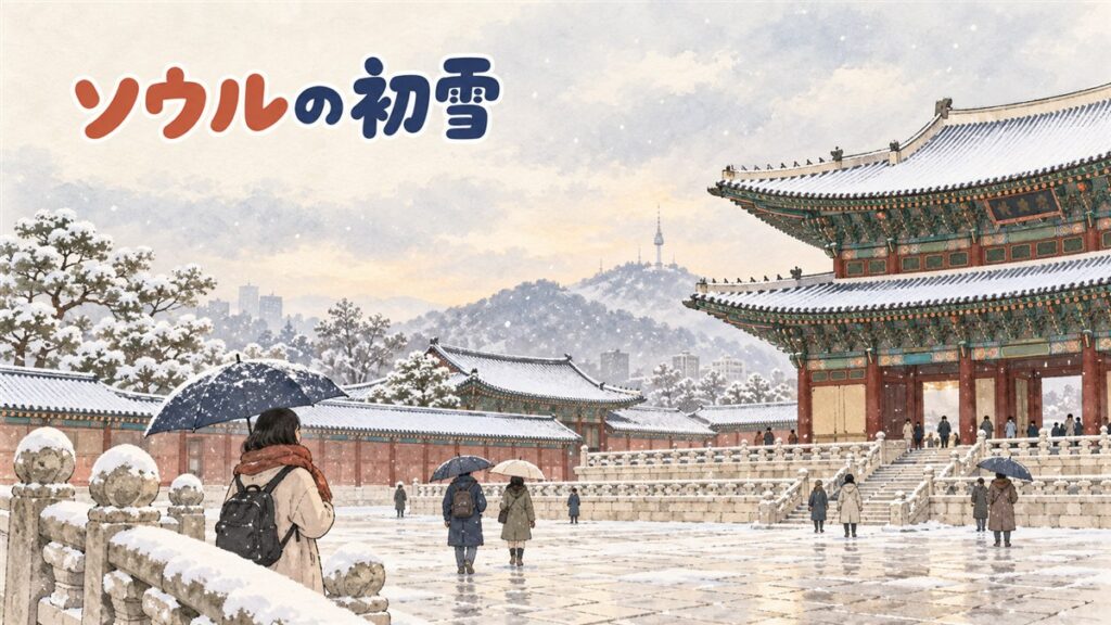 雪が積もった韓国の伝統的な宮殿の屋根と、防寒着姿で歩く旅行者の冬の情景