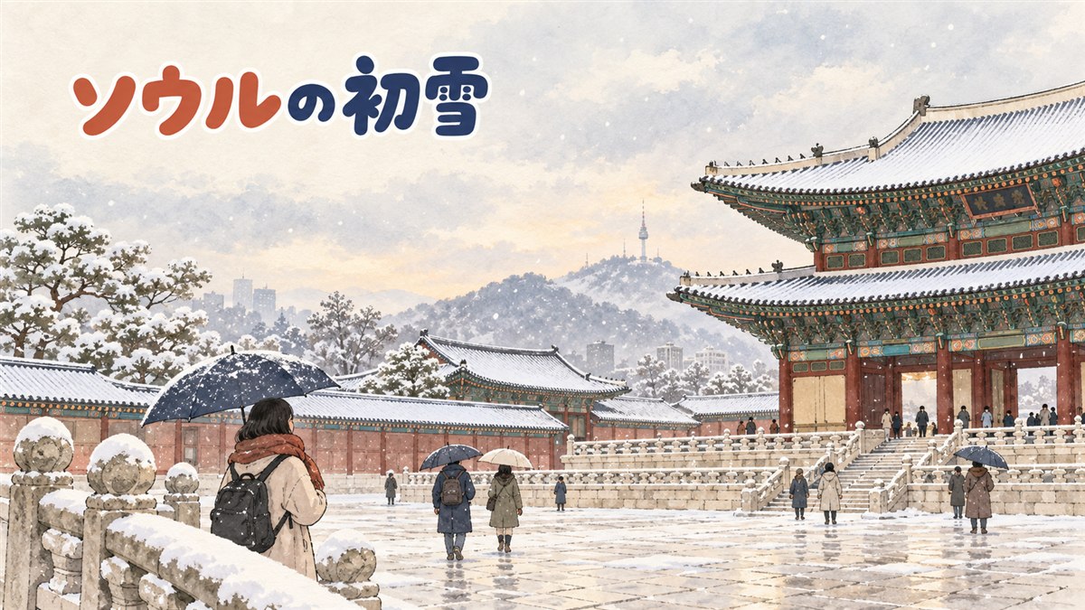 雪が積もった韓国の伝統的な宮殿の屋根と、防寒着姿で歩く旅行者の冬の情景