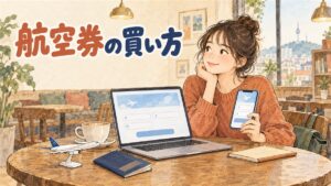 国際空港の出発ロビーでスーツケースを引きながらスマートフォンで航空券の予約画面を確認する旅行者の後ろ姿
