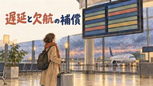 仁川空港の出発ロビーで案内表示を見上げる旅行者のイメージ