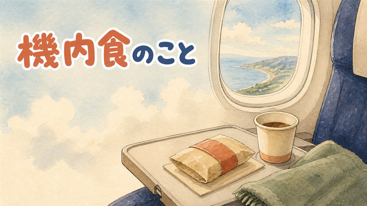 国際線の機内で乗客が軽食トレーとドリンクを受け取っている様子