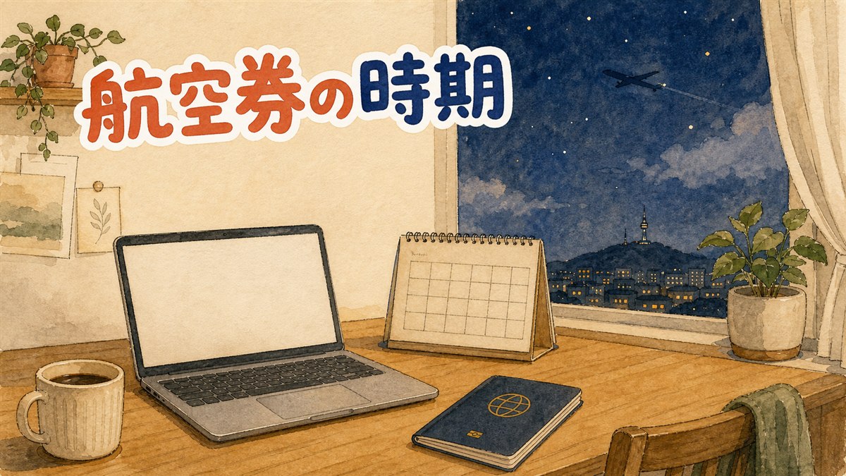 卓上カレンダーの上に旅行の航空券と飛行機の模型を置いたイメージ