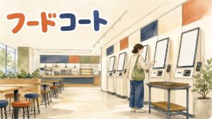 韓国のフードコートで券売機の前に立ち、番号札を受け取ろうとしている場面