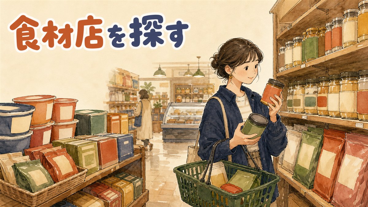 韓国食材店の店頭に並ぶ調味料とキムチのイメージ