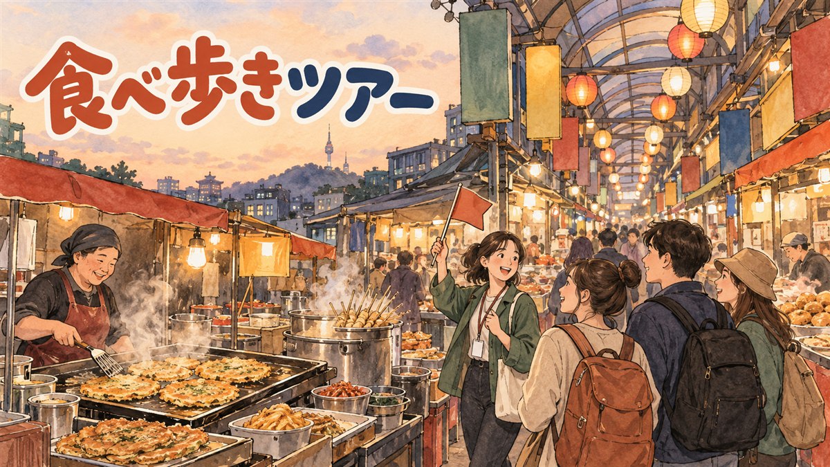 ソウルの市場でフードツアーのガイドと参加者が屋台の前で料理を試食している様子