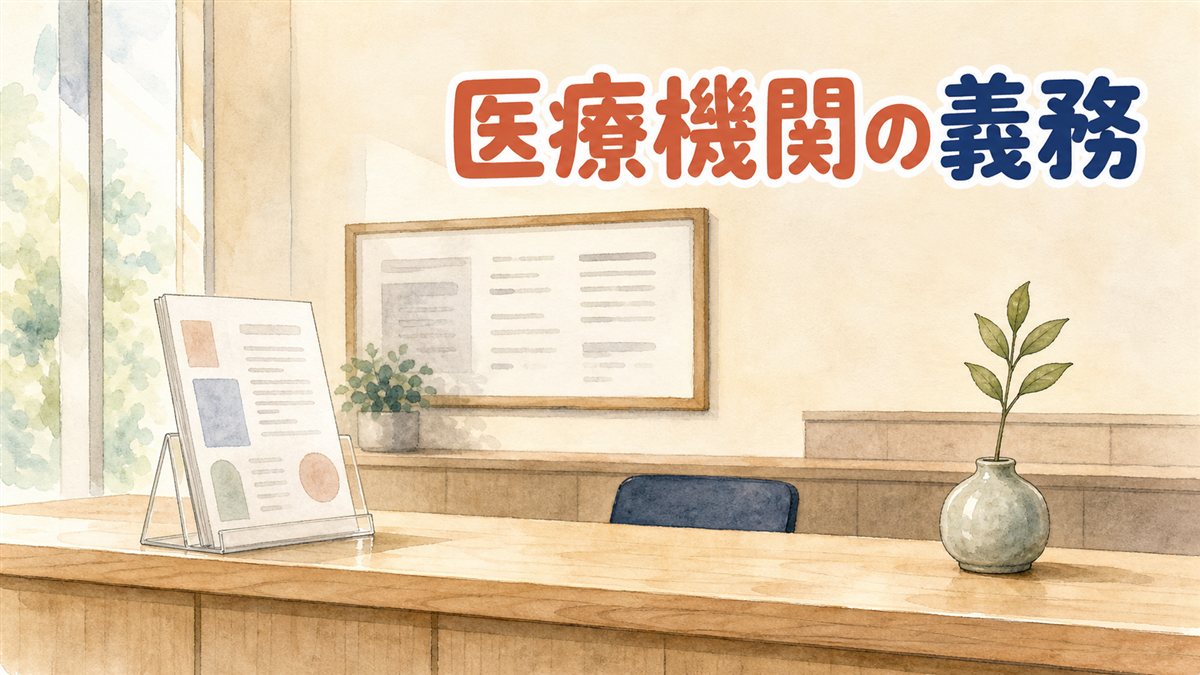 淡い木のカウンターの上に、小さなスタンドに立てた折り畳みのリーフレットと一輪の緑の茎を挿した花器が置かれ、背面の壁に灰色の線だけが描かれた掲示板が掛かっている室内のイラスト。韓国で外国人患者を受け入れる医療機関にかかる義務を整理した記事のアイキャッチ画像