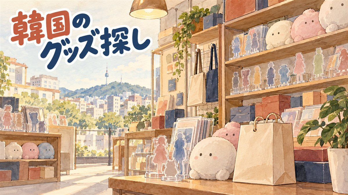 韓国のアニメグッズ店の店内でアクリルスタンドやぬいぐるみが並ぶ棚を眺める旅行者の後ろ姿