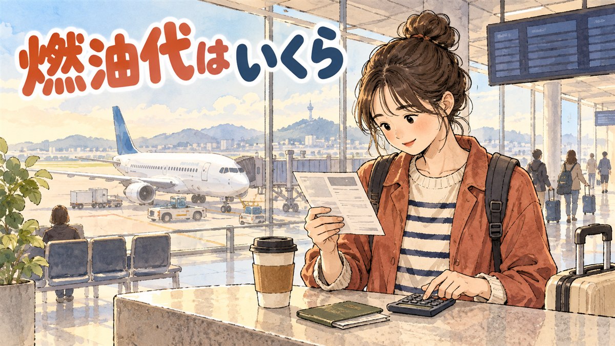 空港のチェックインカウンターで航空券を手に持ち、料金の内訳を確認している旅行者の様子