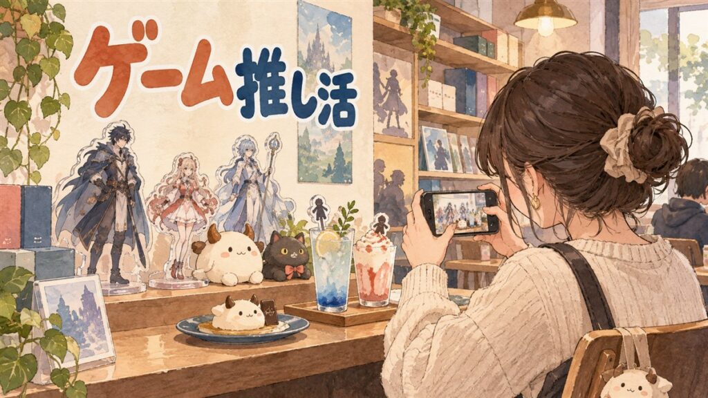韓国のカフェで原神モチーフのグッズ棚を眺める旅行者のイメージ