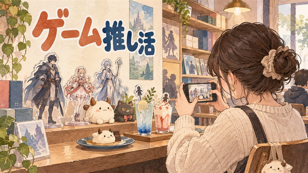 韓国のカフェで原神モチーフのグッズ棚を眺める旅行者のイメージ