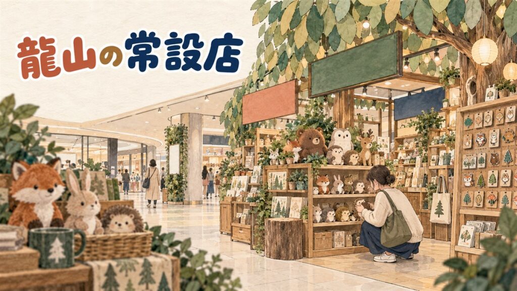 龍山アイパークモールのジブリ公式ショップ「トトリの森」店内、トトロのぬいぐるみが棚に並ぶ様子