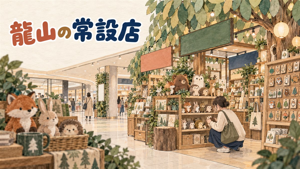 龍山アイパークモールのジブリ公式ショップ「トトリの森」店内、トトロのぬいぐるみが棚に並ぶ様子