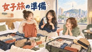 韓国旅行に出かける女性4人組が、キャリーケースを持ってソウルのホテル前で相談している様子