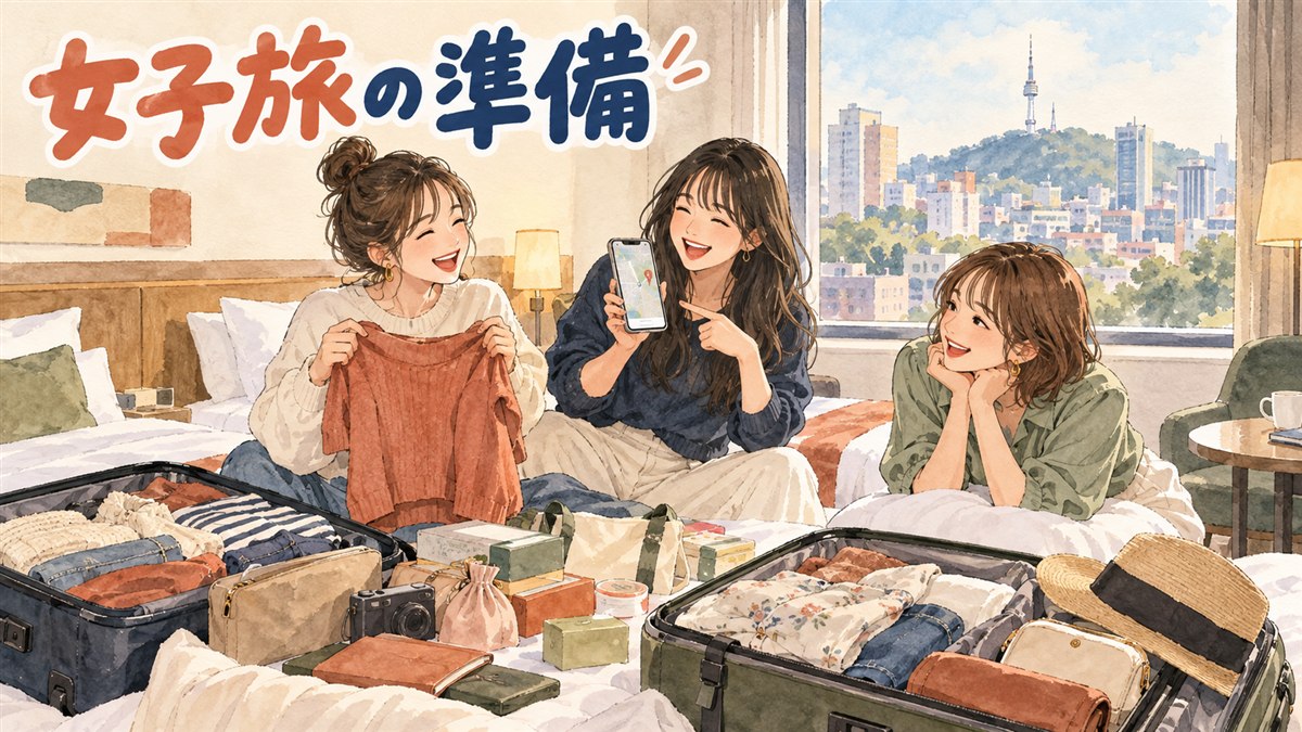 韓国旅行に出かける女性4人組が、キャリーケースを持ってソウルのホテル前で相談している様子