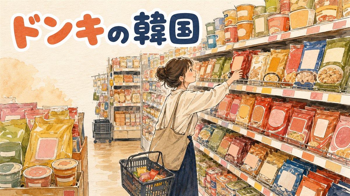 ドン・キホーテの店内で韓国食品やコスメの棚を見て回る買い物客のイメージ