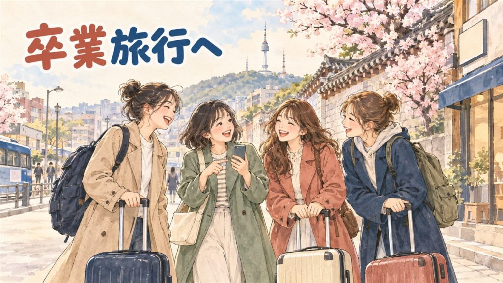 卒業旅行で韓国へ向かう大学生グループが空港でスーツケースを準備している様子
