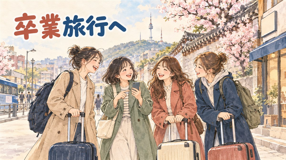 卒業旅行で韓国へ向かう大学生グループが空港でスーツケースを準備している様子