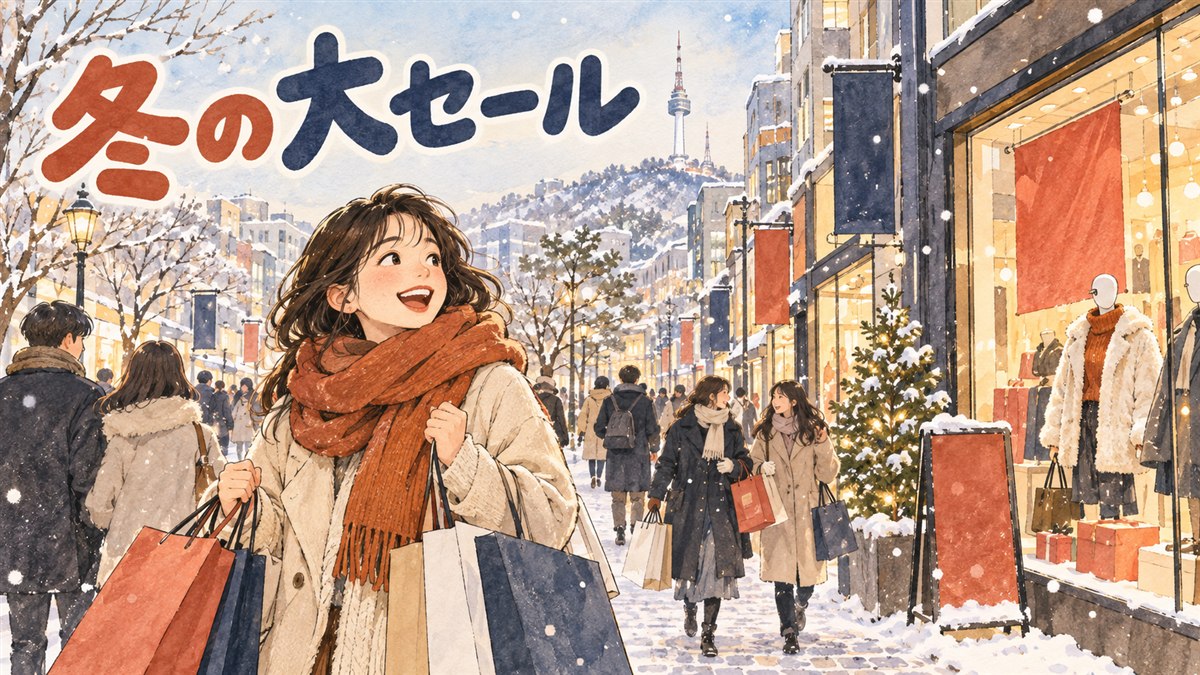 冬のソウルの繁華街でショッピングバッグを持ち、スマホの割引アプリを見る旅行者