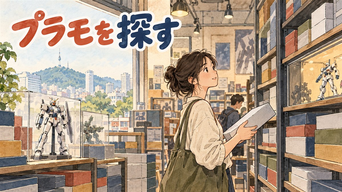 韓国のガンダムベース龍山店の店内でガンプラを選ぶ人々を描いたイメージ