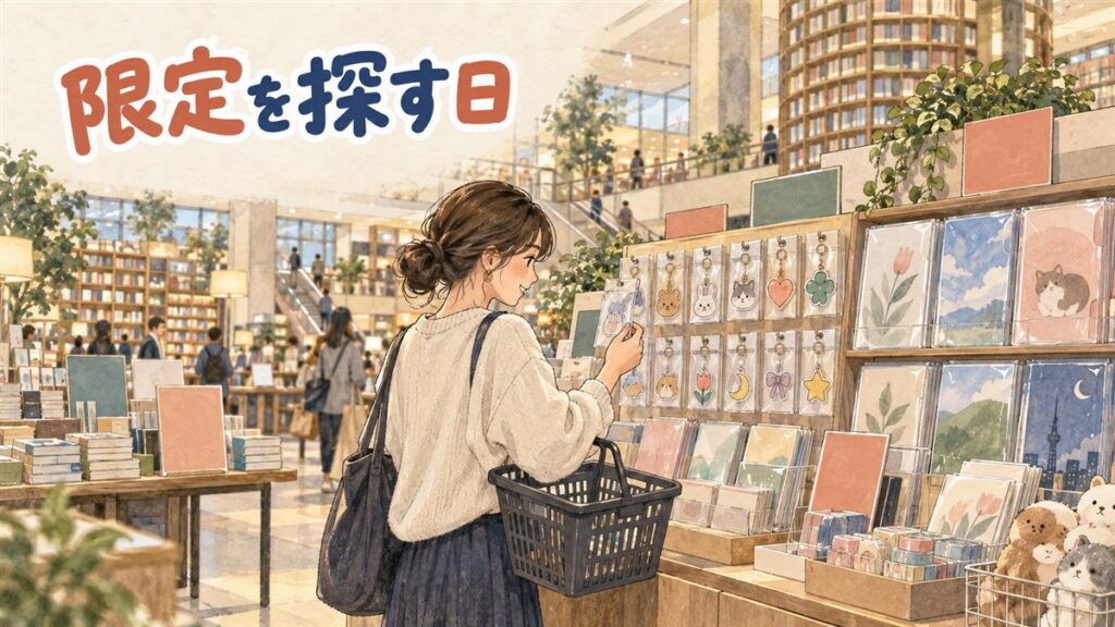 韓国のアニメグッズ専門店の店内でハイキューの缶バッジやアクリルスタンドが並ぶ棚を眺める旅行者の情景