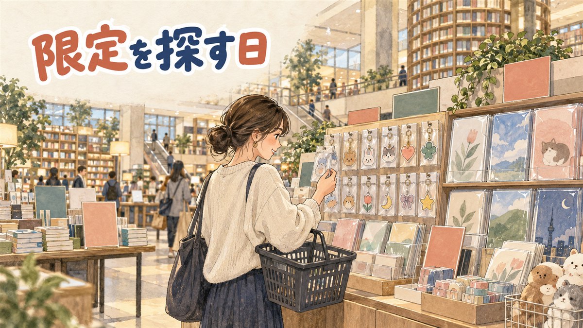 韓国のアニメグッズ専門店の店内でハイキューの缶バッジやアクリルスタンドが並ぶ棚を眺める旅行者の情景
