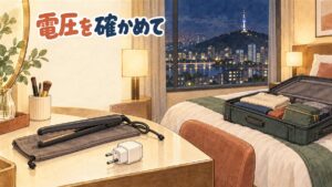 夜のソウルのホテルの部屋を描いた水彩イラスト。鏡台の上に、耐熱ポーチにのせたストレートヘアアイロンと、丸いピンが2本の白い変換プラグ。ベッドには荷物を詰めたスーツケース、窓の外に川沿いの夜景と山の上の塔。左上に「電圧を確かめて」の手書き文字