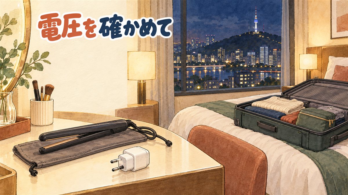 夜のソウルのホテルの部屋を描いた水彩イラスト。鏡台の上に、耐熱ポーチにのせたストレートヘアアイロンと、丸いピンが2本の白い変換プラグ。ベッドには荷物を詰めたスーツケース、窓の外に川沿いの夜景と山の上の塔。左上に「電圧を確かめて」の手書き文字