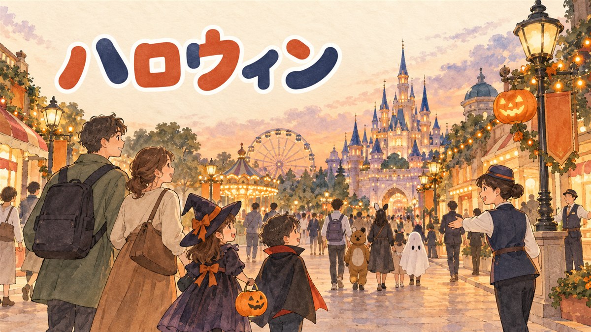 ハロウィン仕様に飾られた韓国のテーマパーク入口で、カボチャの装飾を背景に家族連れが穏やかに並んで入場を待っている夜の情景
