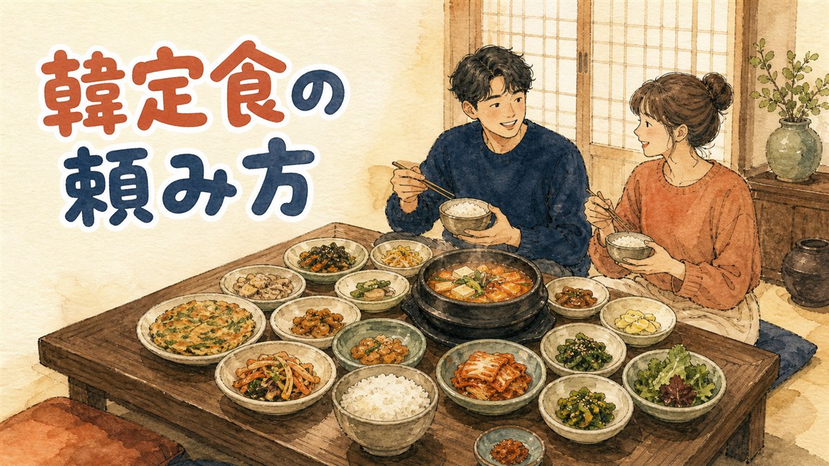 韓国の伝統家屋の座敷に並ぶ韓定食のコース料理を示す写真