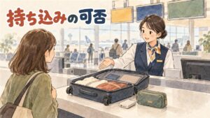 空港の手荷物検査カウンターで加熱式タバコのデバイスとスティックを手荷物に入れ直している旅行者の様子