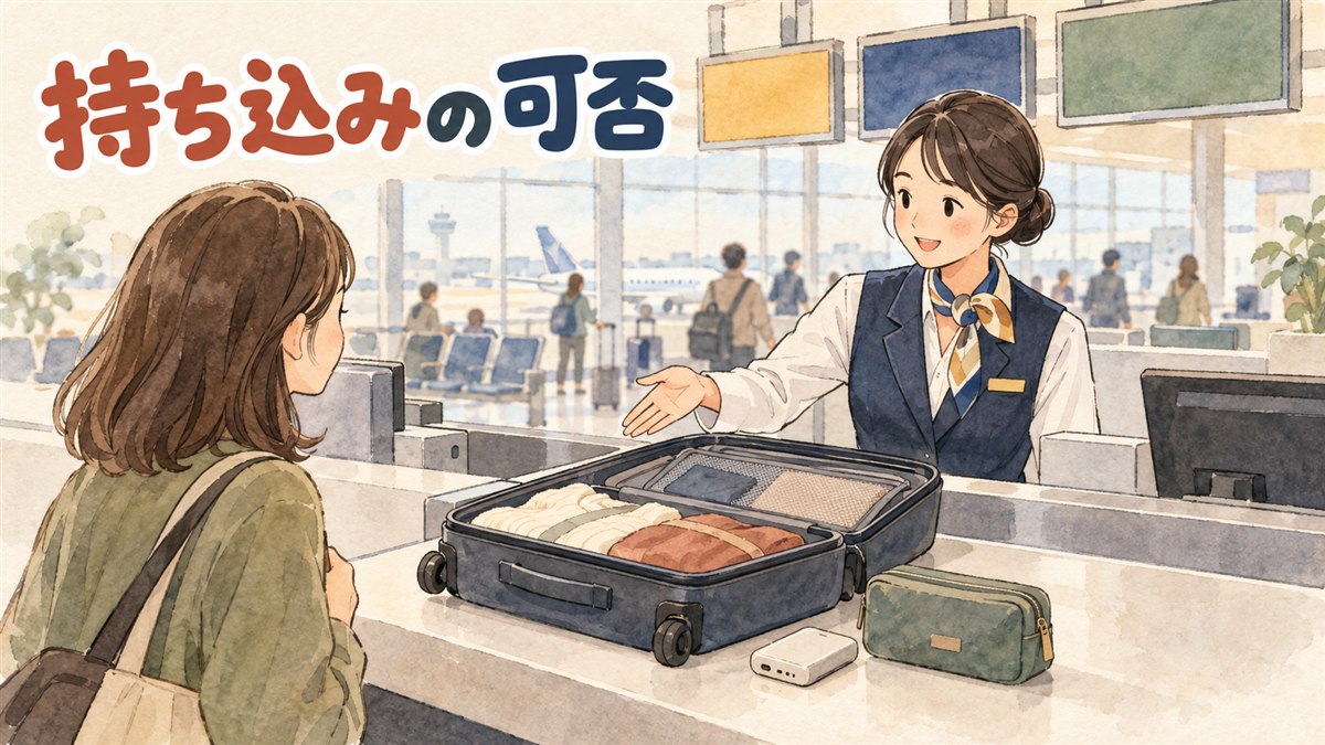 空港の手荷物検査カウンターで加熱式タバコのデバイスとスティックを手荷物に入れ直している旅行者の様子