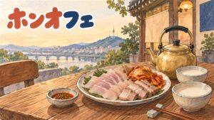 ホンオフェと삼합（三種盛り）、マッコリを並べた韓国食堂のテーブル
