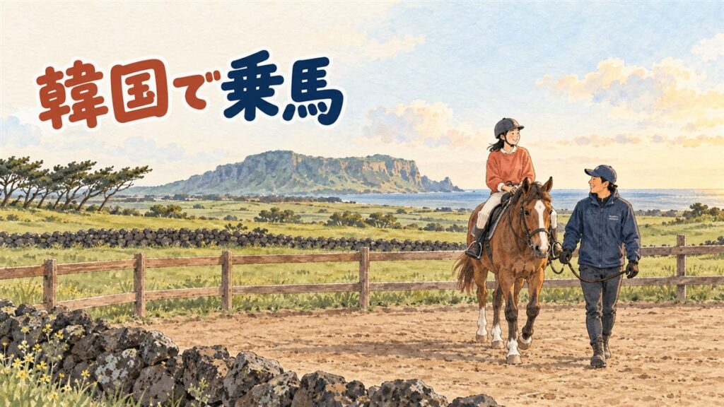 済州の海辺で乗馬体験をする観光客のイメージ