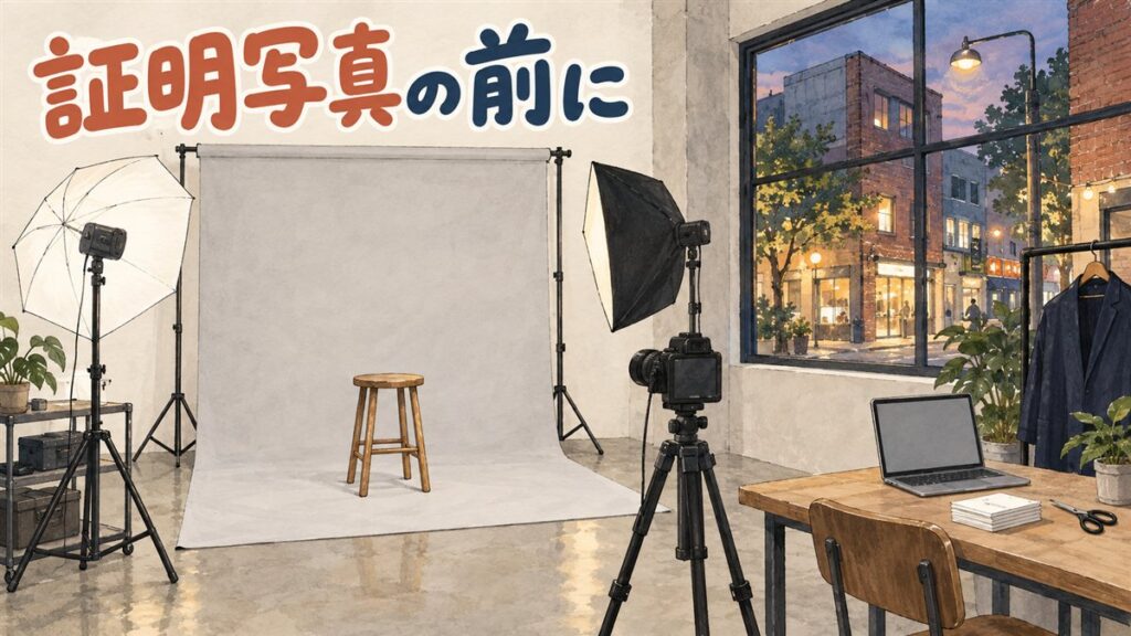 ソウルの小さな写真スタジオを描いた水彩イラスト。薄いグレーの背景紙の前の木のスツール、アンブレラ照明とソフトボックス、三脚のカメラ、ノートパソコンと白い写真の束とはさみを置いた机、ハンガーの紺のジャケット。窓の外は夕方の聖水のれんがの街並み。左上に「証明写真の前に」の手書き文字