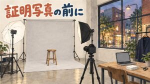 ソウルの小さな写真スタジオを描いた水彩イラスト。薄いグレーの背景紙の前の木のスツール、アンブレラ照明とソフトボックス、三脚のカメラ、ノートパソコンと白い写真の束とはさみを置いた机、ハンガーの紺のジャケット。窓の外は夕方の聖水のれんがの街並み。左上に「証明写真の前に」の手書き文字
